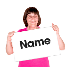 Person holding a sign with the word Name on a white background concept for name placeholder or identity label