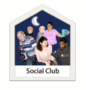 Group of people inside a house-shaped frame with a moon symbol concept for social club or community gathering